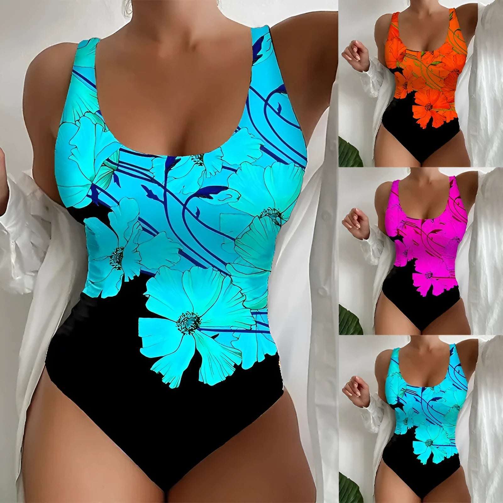 Women's orange red one-piece swimsuit with a 3D printed pattern, showing front design.