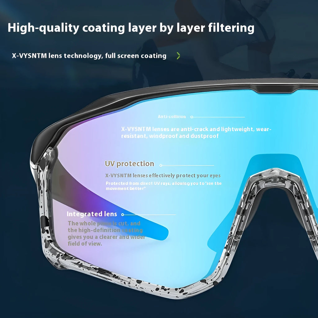 Colourful mountaineering goggles with full-frame design and UV-protective PC lenses for climbing and snow sports.