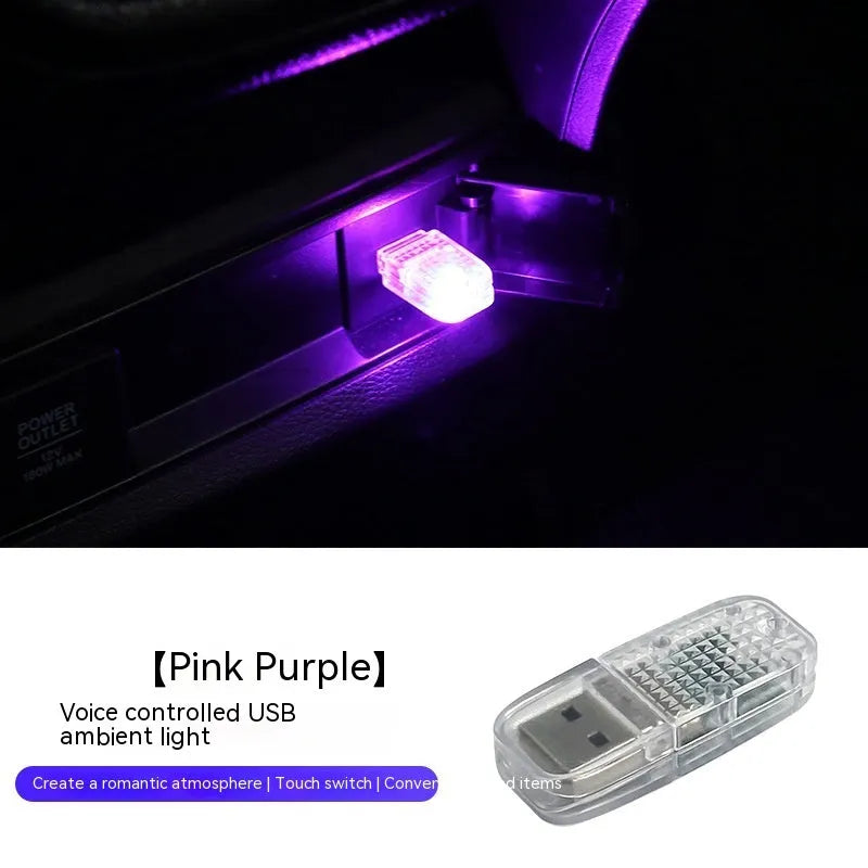 Car USB ambience light with touch switch showing RGB colour-changing and fixed blue, white, pink, and ice blue modes.