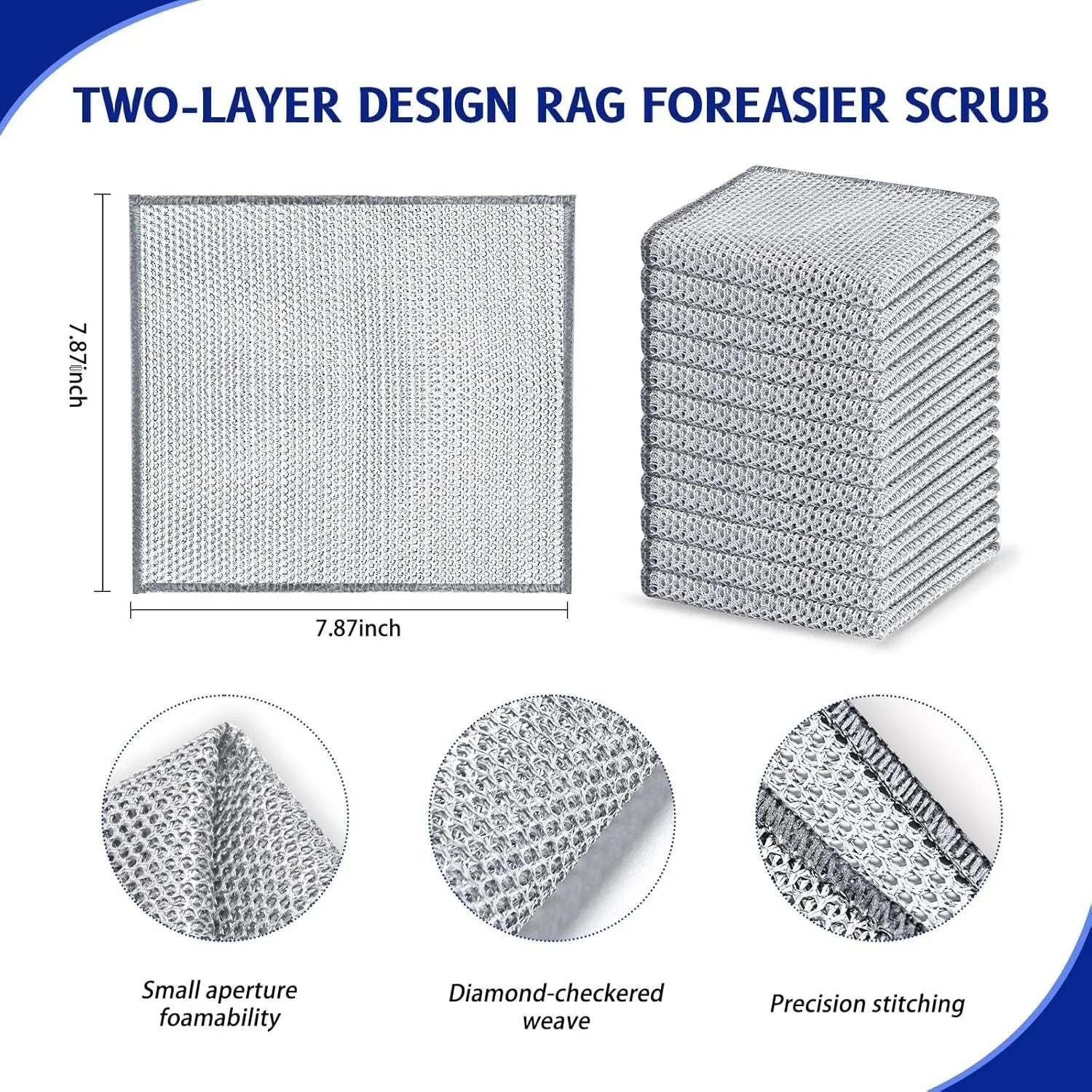 Silver double-sided kitchen scouring pad with a steel wool side and a grey microfiber rag side.