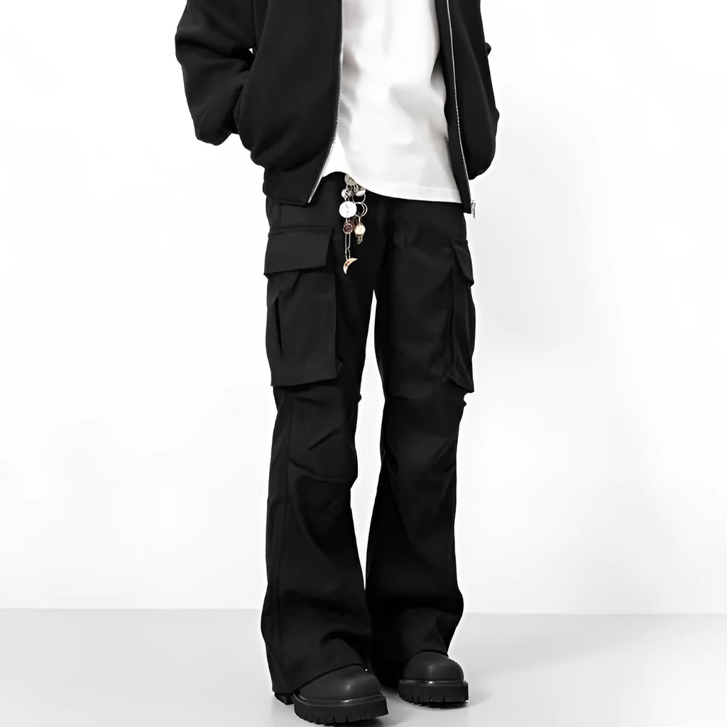 Black men's multi-pocket cargo trousers straight fit mid waist polyester spring autumn