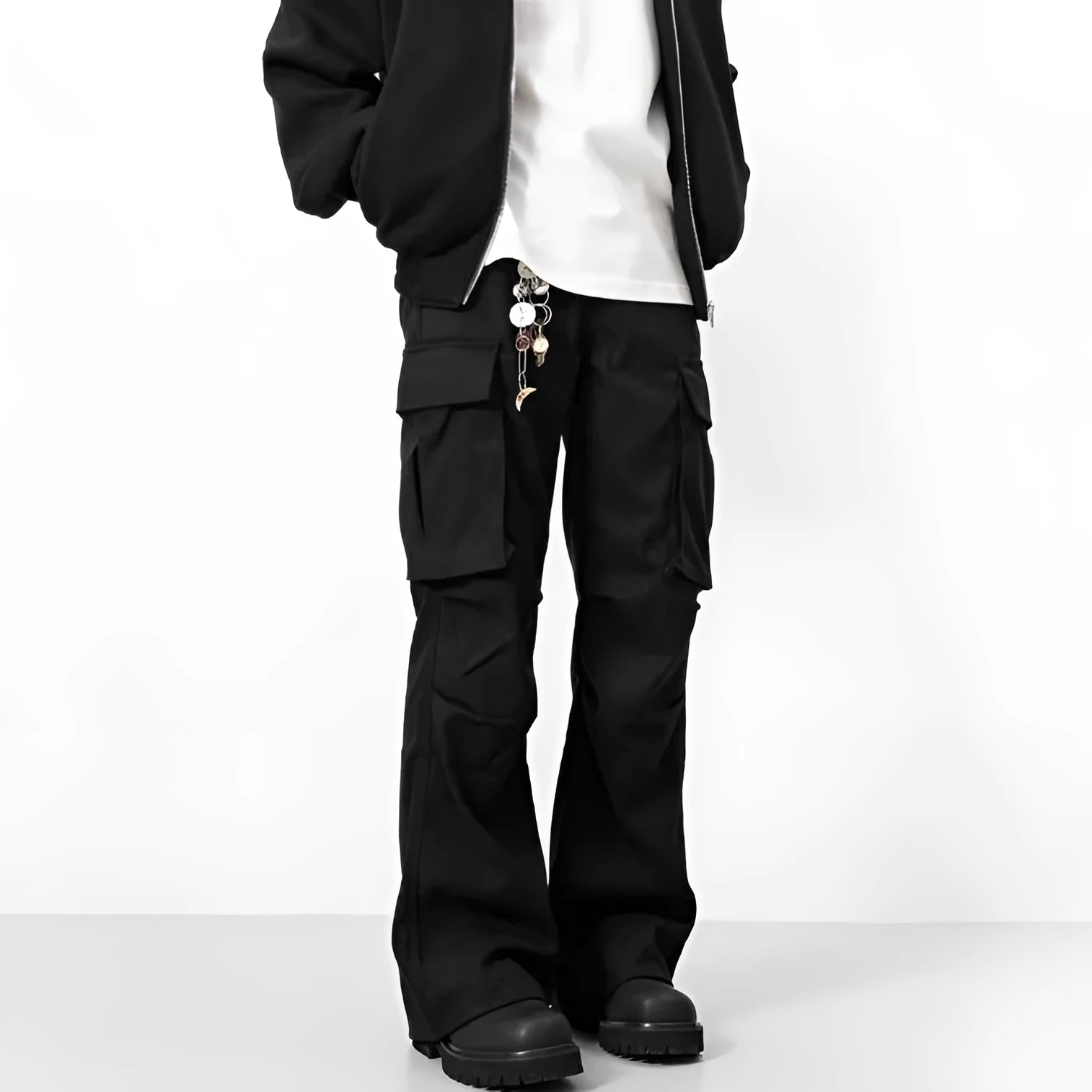 Black men's multi-pocket cargo trousers straight fit mid waist polyester spring autumn