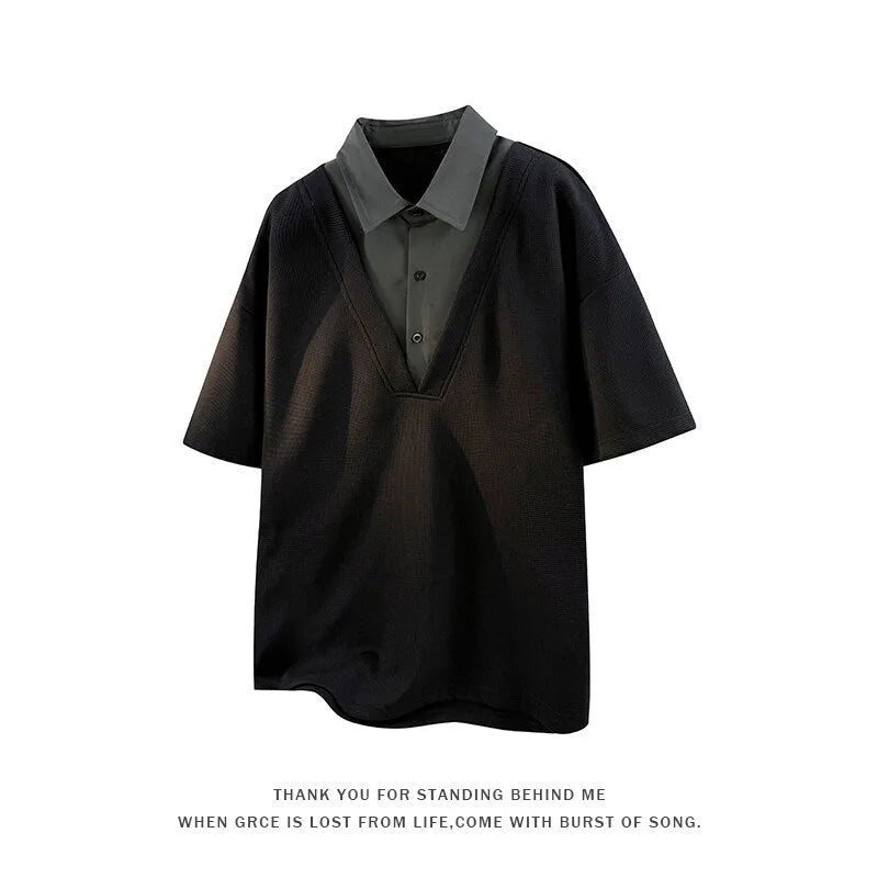 Men's black padded Henry collar short sleeve polo sweater made from thin spandex knit.