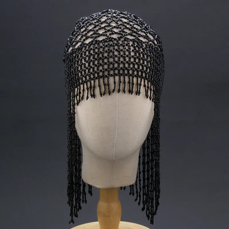 Silver or black alloy belly dance headpiece with decorative tile and beaded tassels