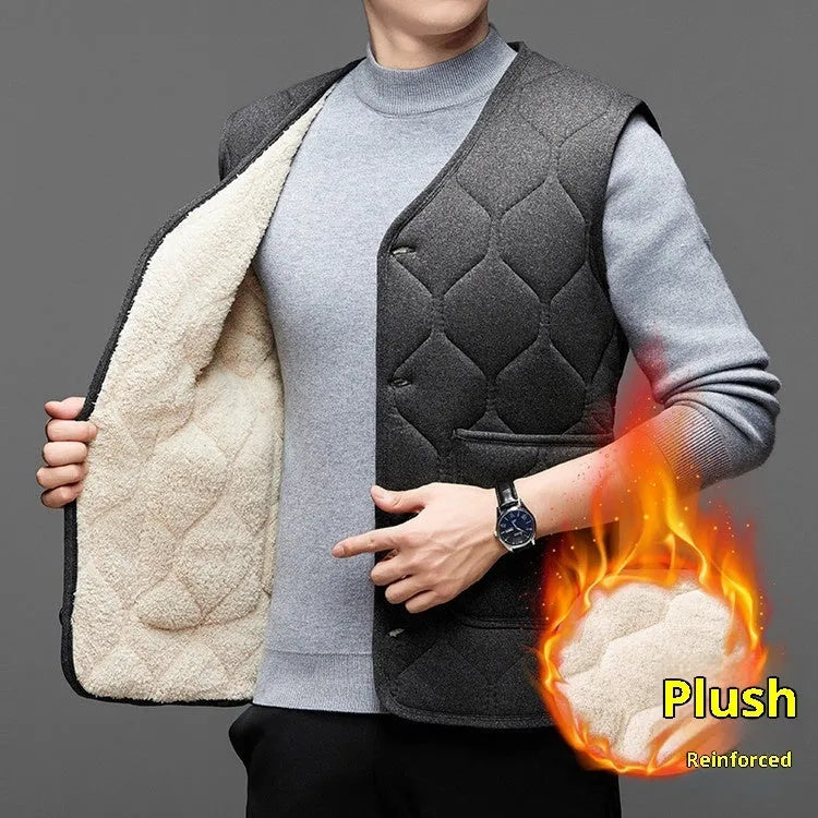 Men's fleece-lined thick cotton vest cardigan in solid colour black with cardigan front, no hood