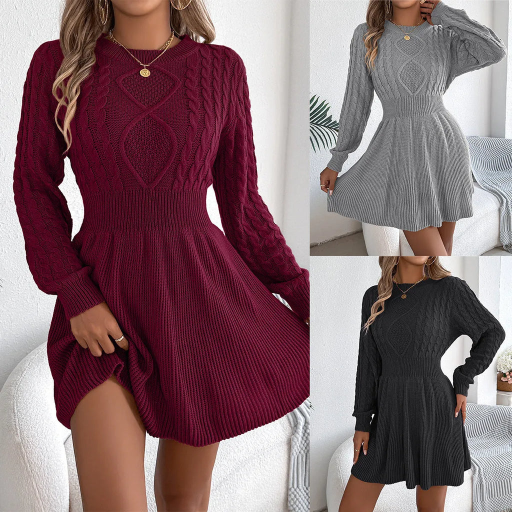 Black lantern sleeve sweater dress with an elastic twist waist, made from acrylic artificial fur fabric.