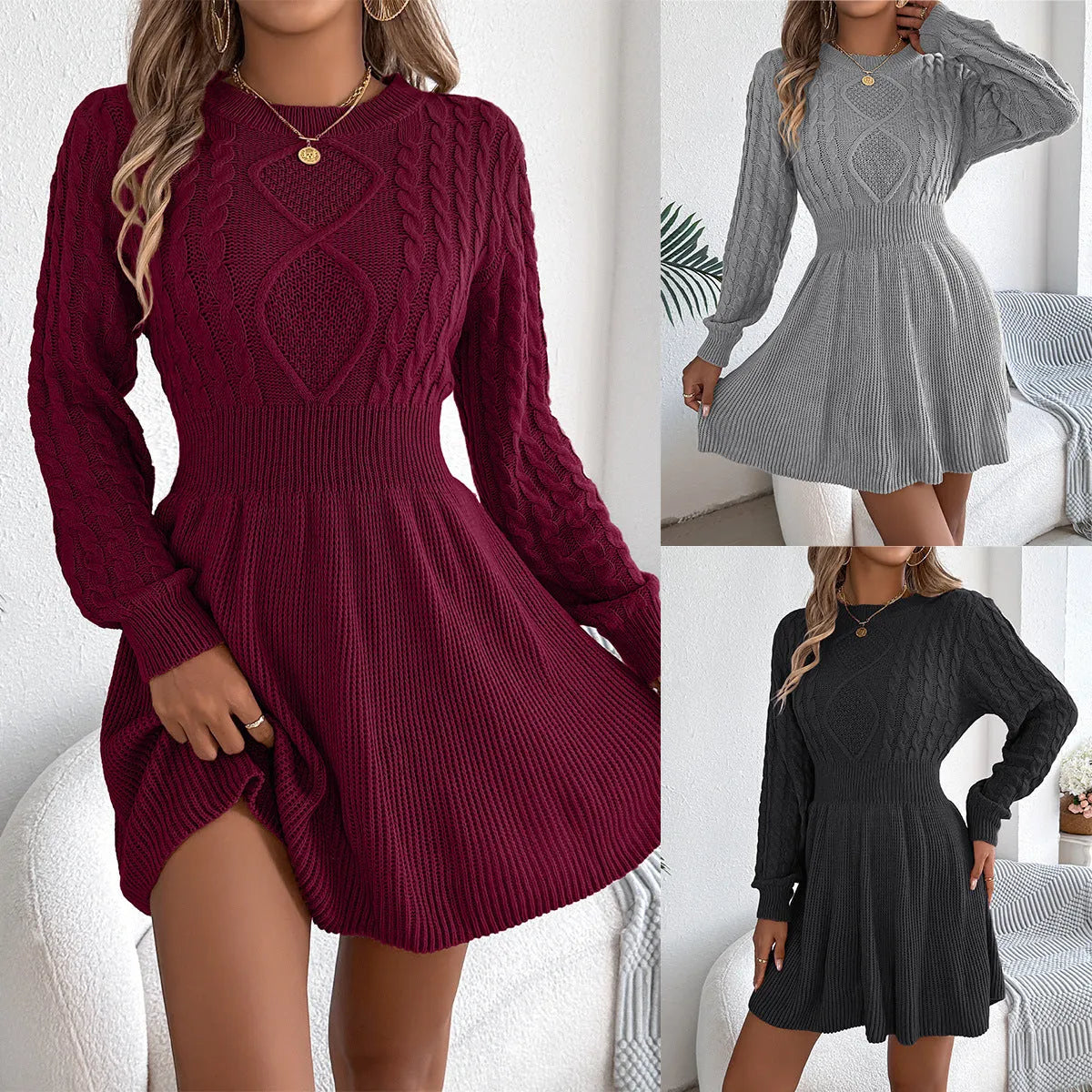 Black lantern sleeve sweater dress with an elastic twist waist, made from acrylic artificial fur fabric.