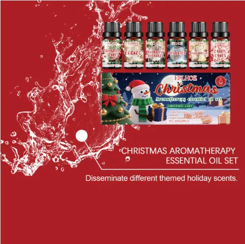 Christmas aromatherapy oil set showing six 60ml bottles with warm home fragrances