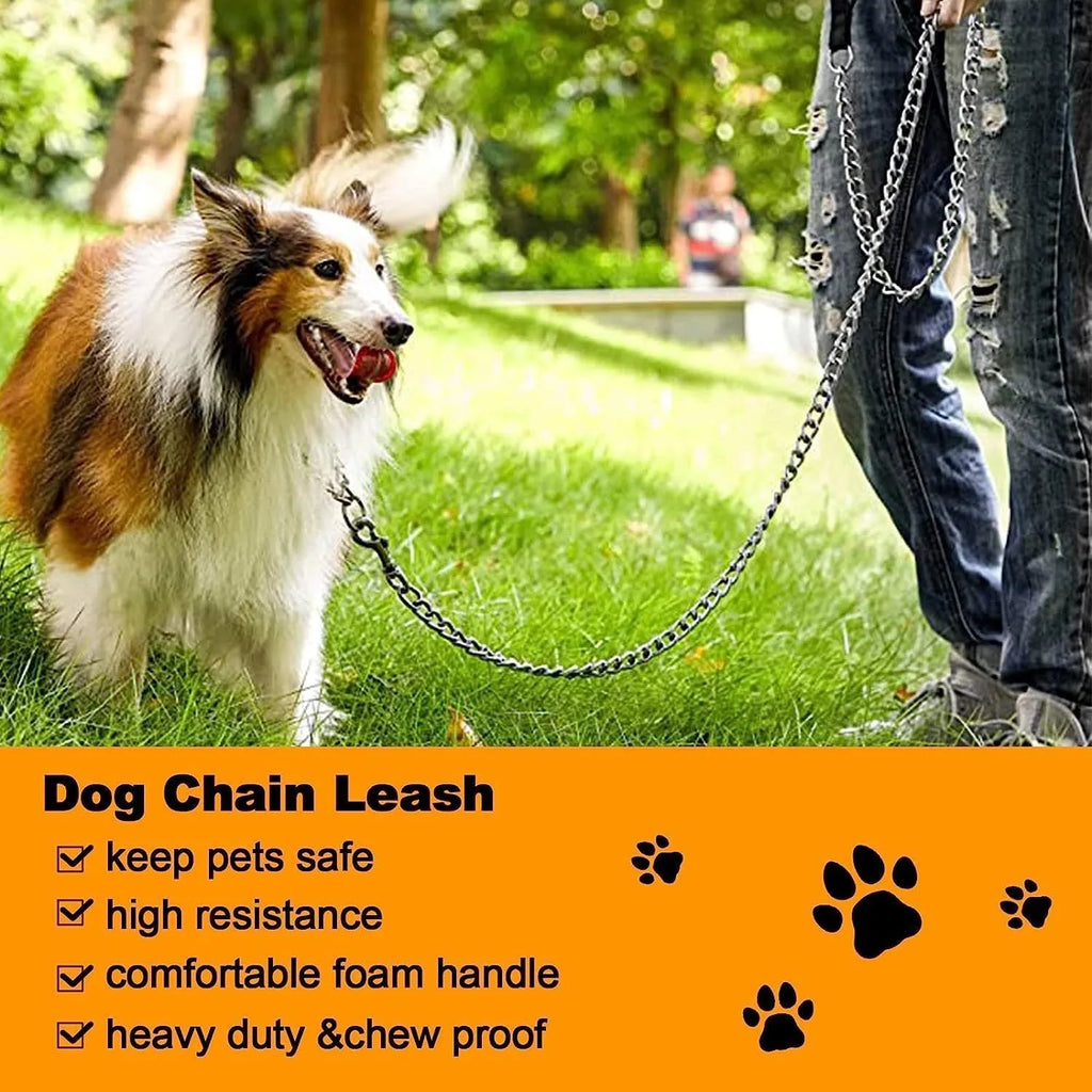 Heavy duty metal dog leash chain with soft padded handle in black, blue, or red for large medium dogs