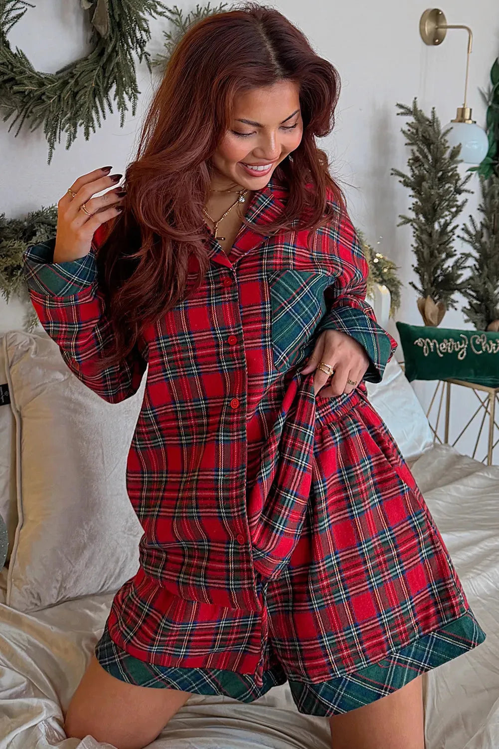 Red plaid long sleeve pyjama shirt and shorts set with contrast patches on the collar.