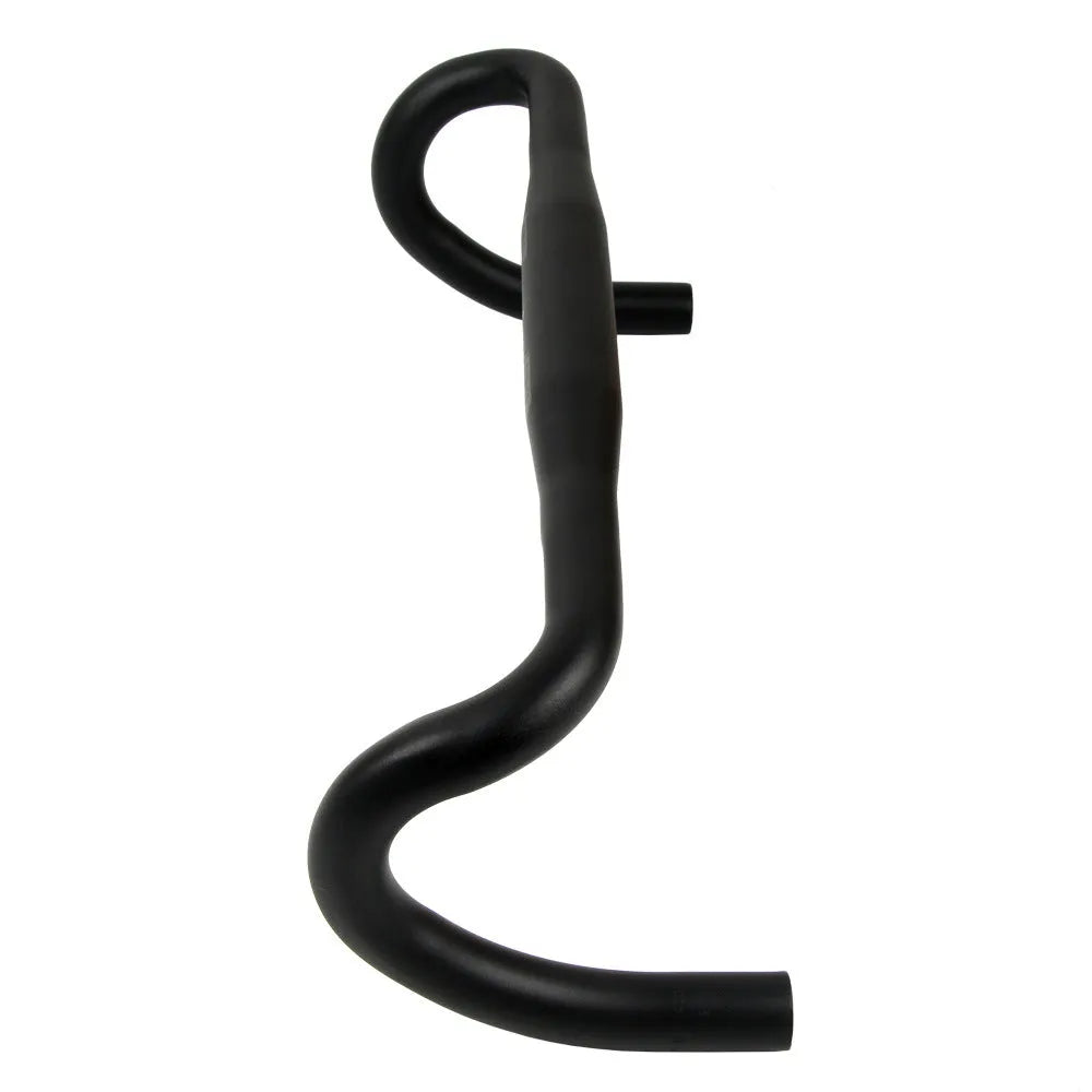 Black UNO aluminium alloy road bike racing handlebar with a bent shape and printed markings.