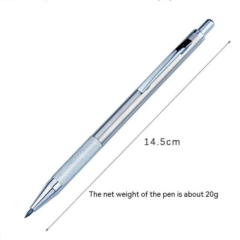 Metal automatic mechanical pencil showing multi-size lead compatibility for 0.5mm, 0.7mm, 0.9mm, 1.3mm and 2.0mm diameters