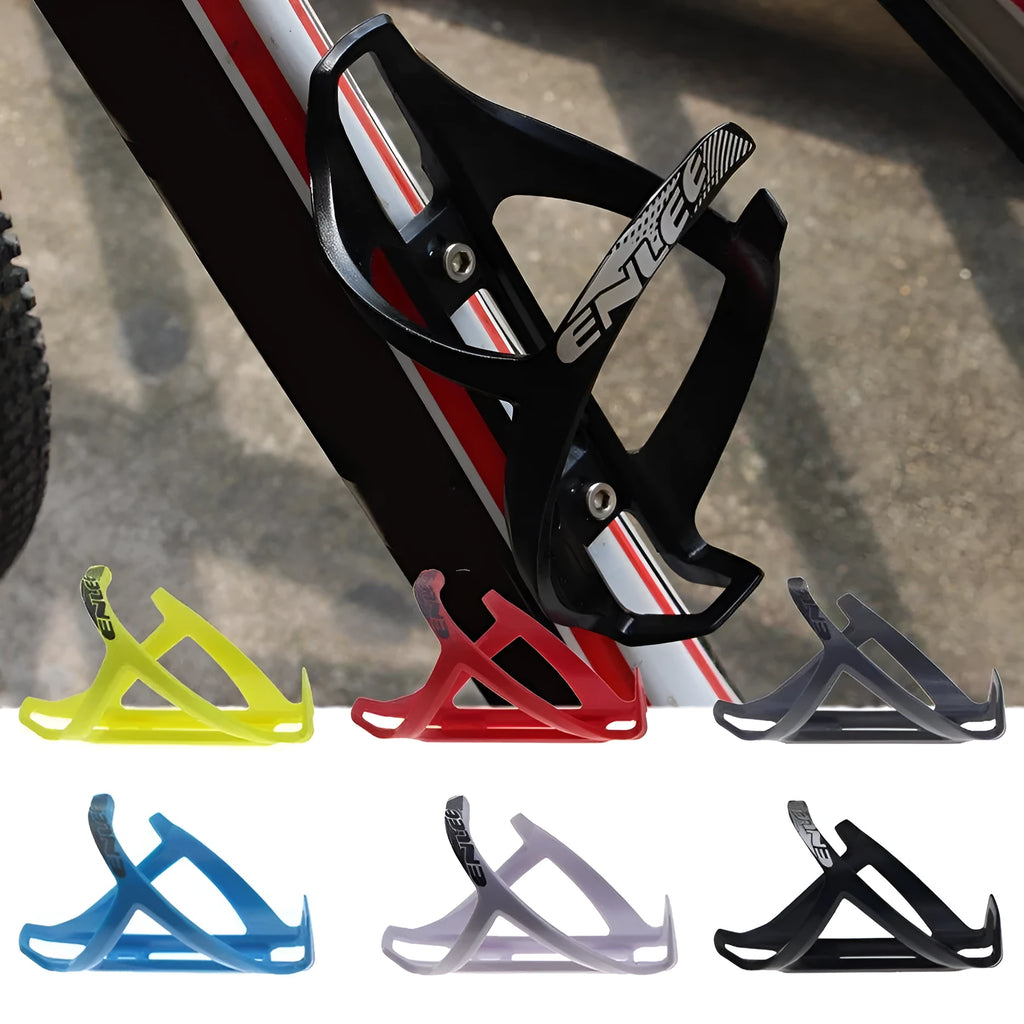 Plastic mountain bike water bottle cage in fluorescent yellow mounted on bike frame
