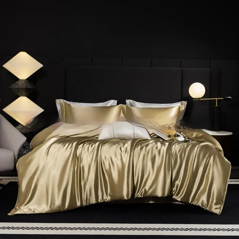 Silk bed sheet four-piece set in modern solid colours showing multiple size options for UK beds