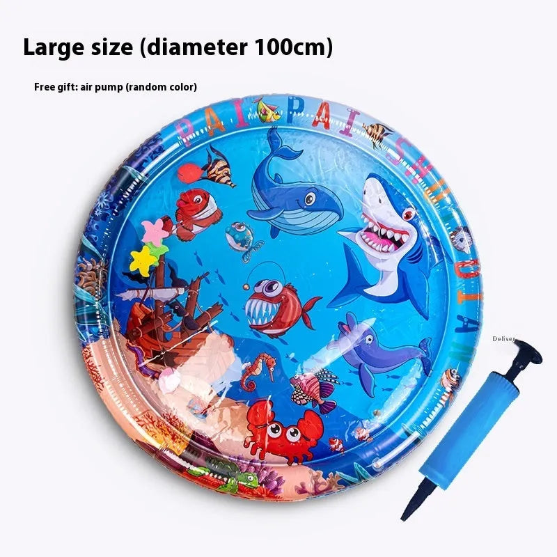 PVC inflatable water cushion pet cooling mat with shark design showing water injection valve