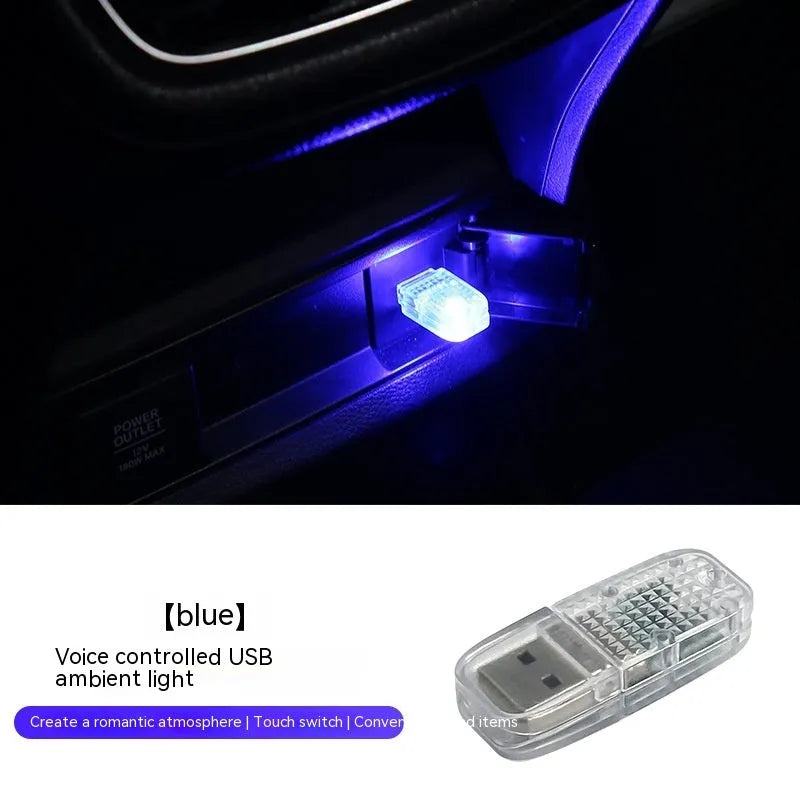 Car USB ambience light with touch switch showing RGB colour-changing and fixed blue, white, pink, and ice blue modes.