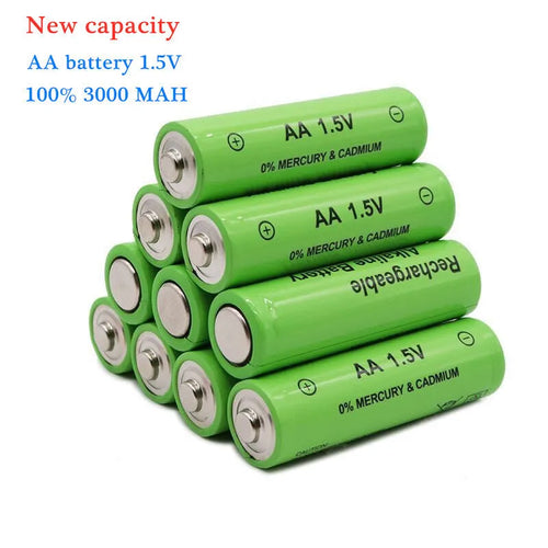 Pack of green alkaline rechargeable AA batteries with 3000mAh capacity and 1000 charge cycles