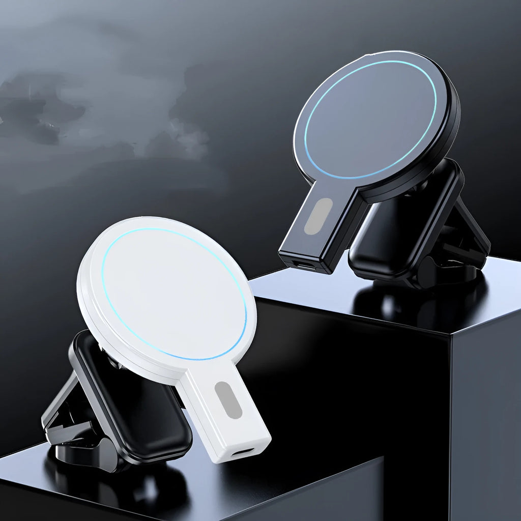 Black and white magnetic wireless charger on a table with dimensions 85.2mm x 58.4mm x 29.5mm