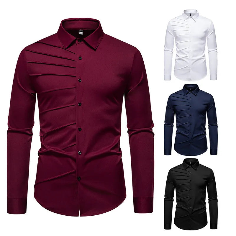 Men's pleated design casual long-sleeved shirt in slim-fit cardigan style, polyester fabric, white colour