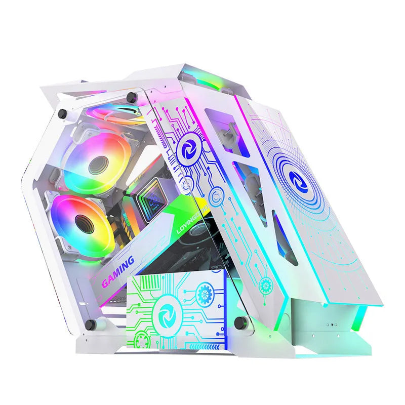 Table-type e-sports computer case metal chassis with RGB fan lighting on a desk