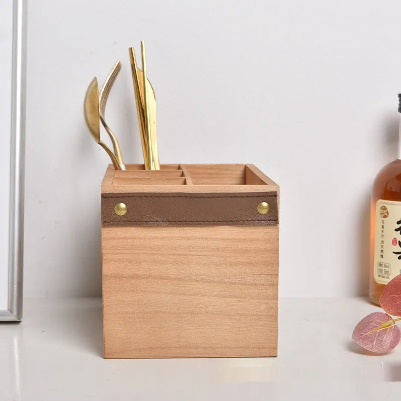 Wooden kitchen storage box for cutlery and chopsticks with divider grids
