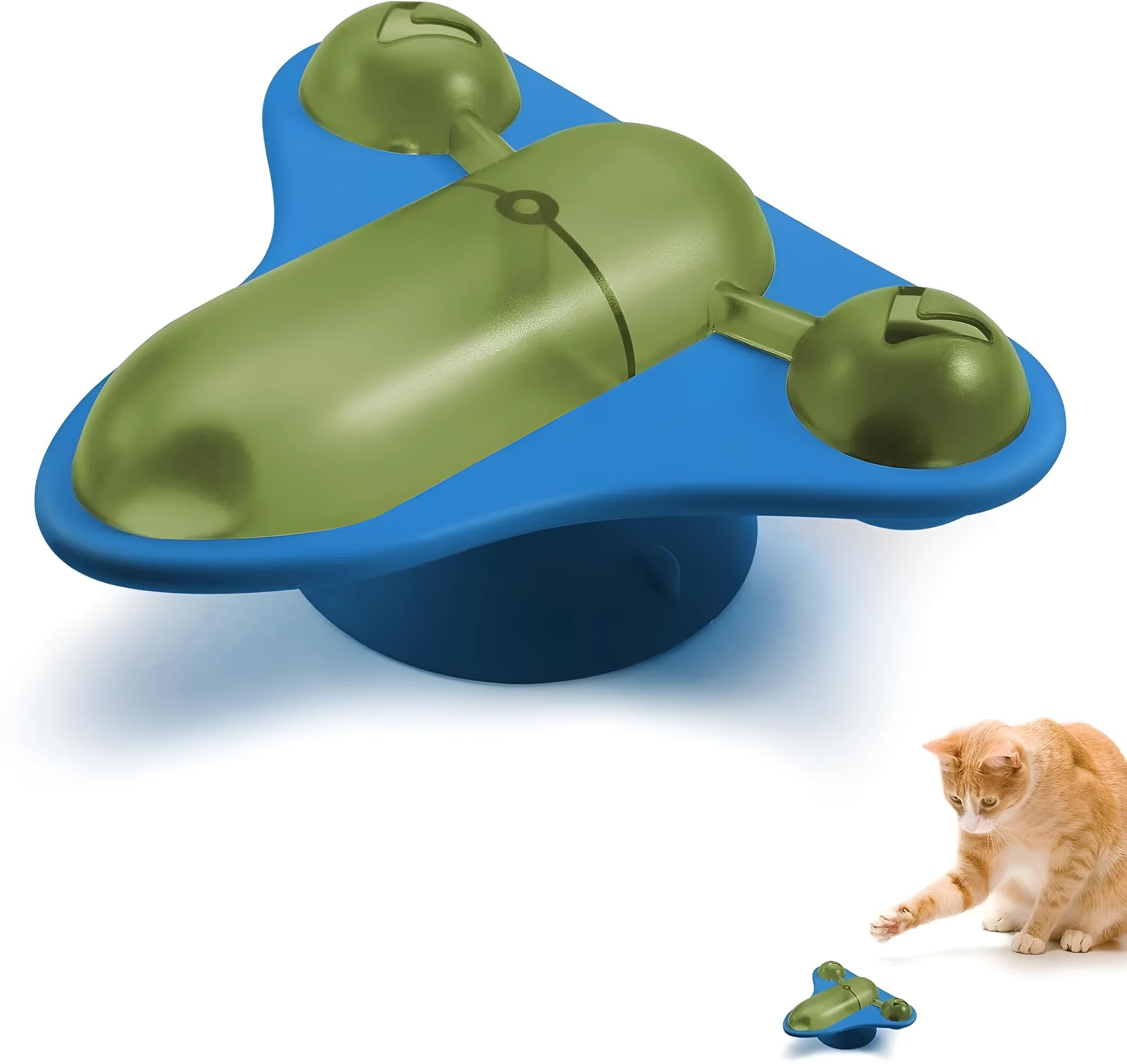Blue interactive pet puzzle toy with a spinner, snack cabin, bell, and suction cup base on a floor.