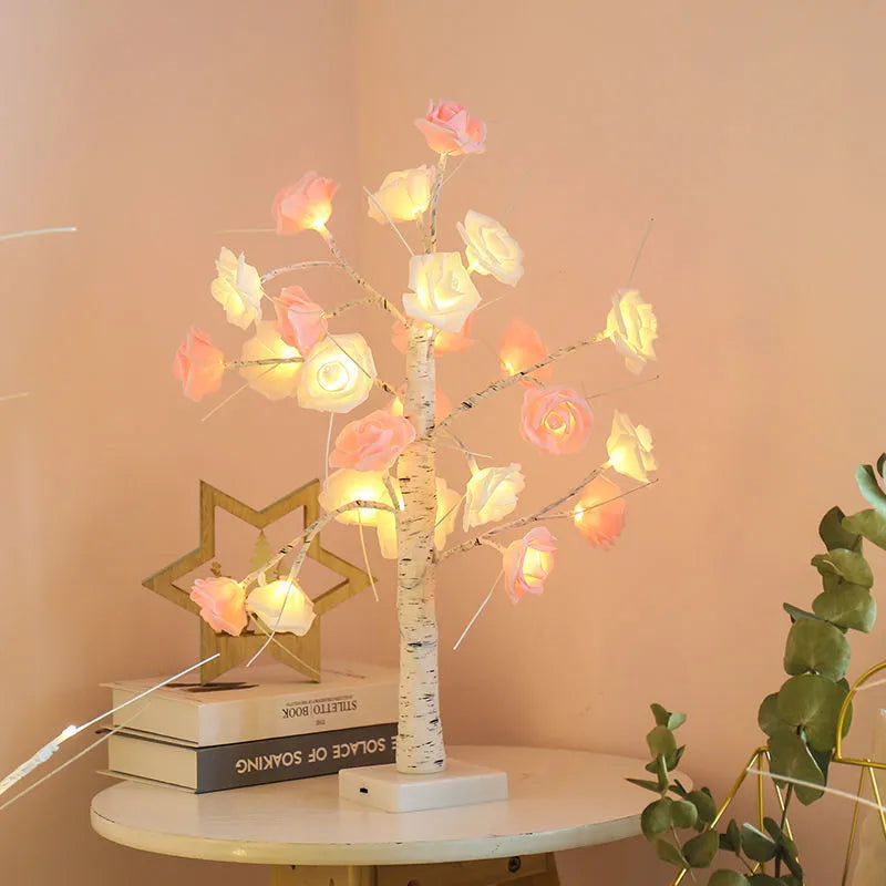 60cm Christmas rose shining tree lamp with pink and white flower-shaped PVC lights on a tabletop