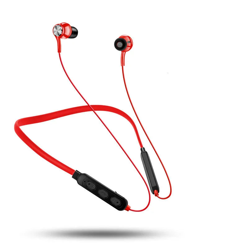Black Bluetooth neckband sports earphones with earpieces and USB cable