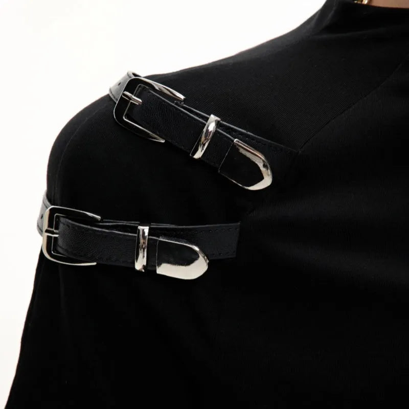Men's slim fit cotton T-shirt with metal belt design and stand-up collar in black