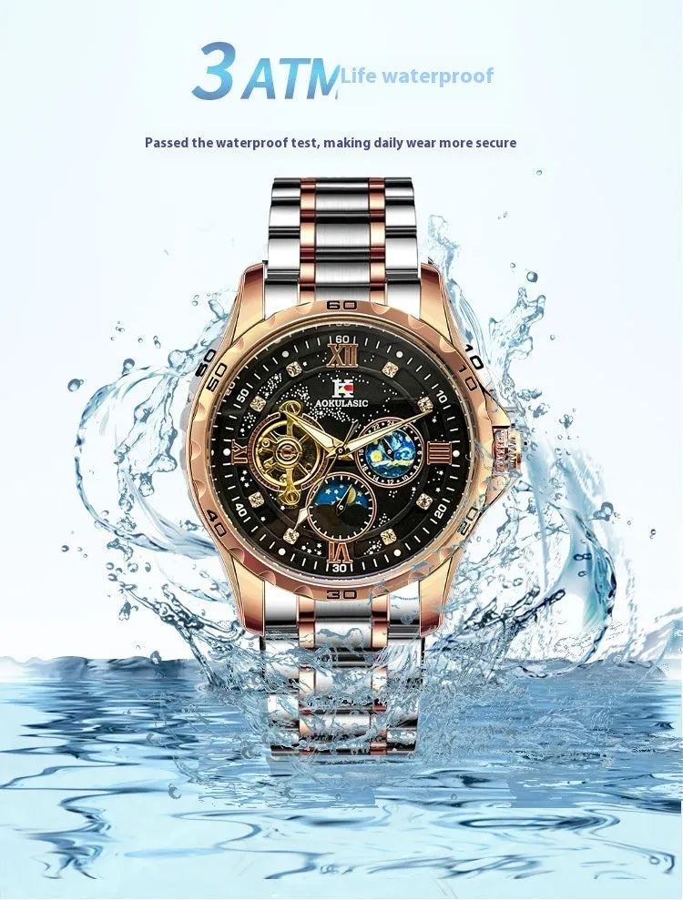 Men's rose gold automatic mechanical watch with black dial and 12mm thickness