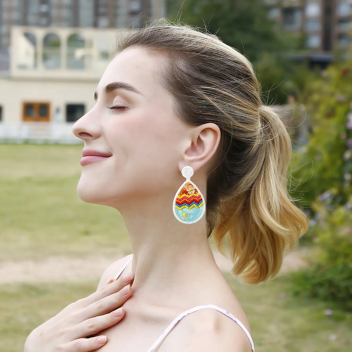 Hand-woven geometric beaded earrings in literary retro style with rainbow pattern, 6.7cm