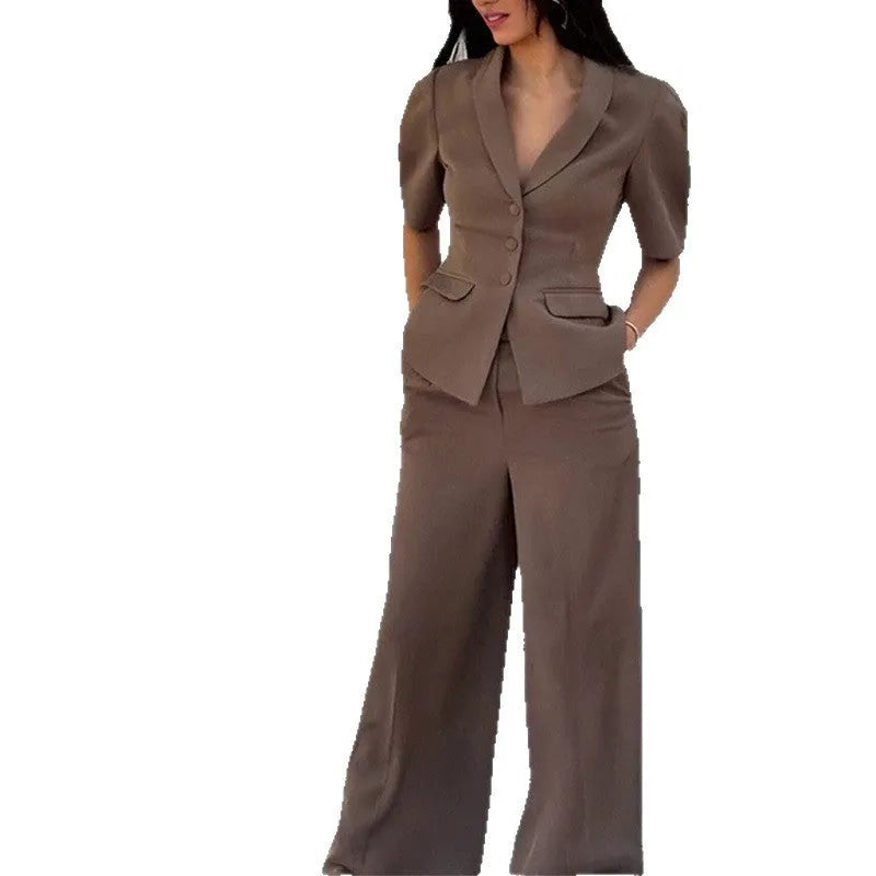 Brown men's slim fit polyester suit with jacket and trousers on hanger