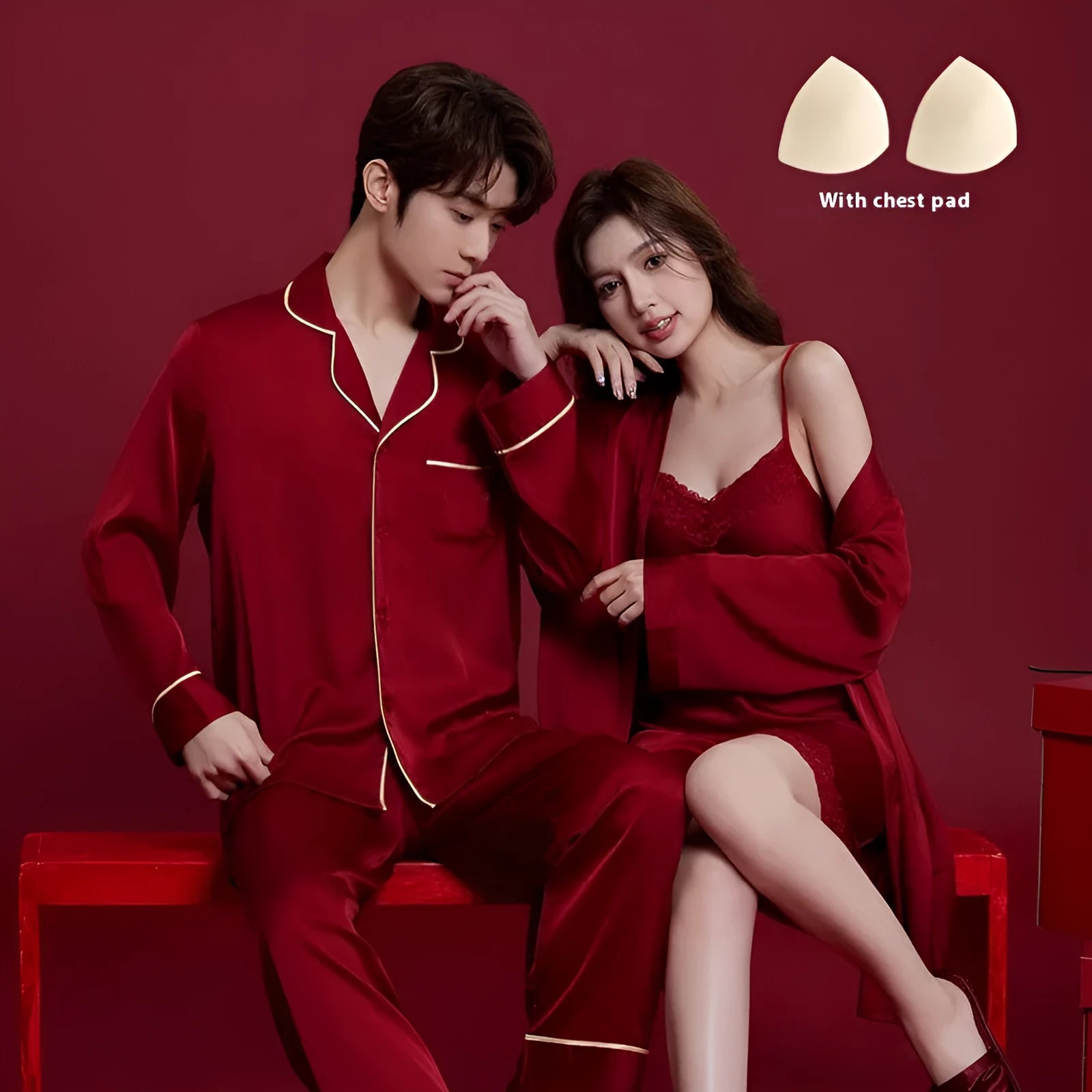 Red silk pyjama set for men and women with long sleeves