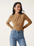 Camel colour women's slim fit polyester pullover sweater with long sleeves