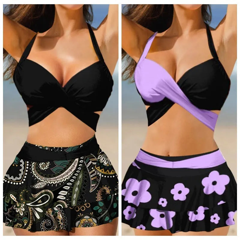 Women's purple high waist lace-up bikini swimsuit set with matching skirt on a white background.
