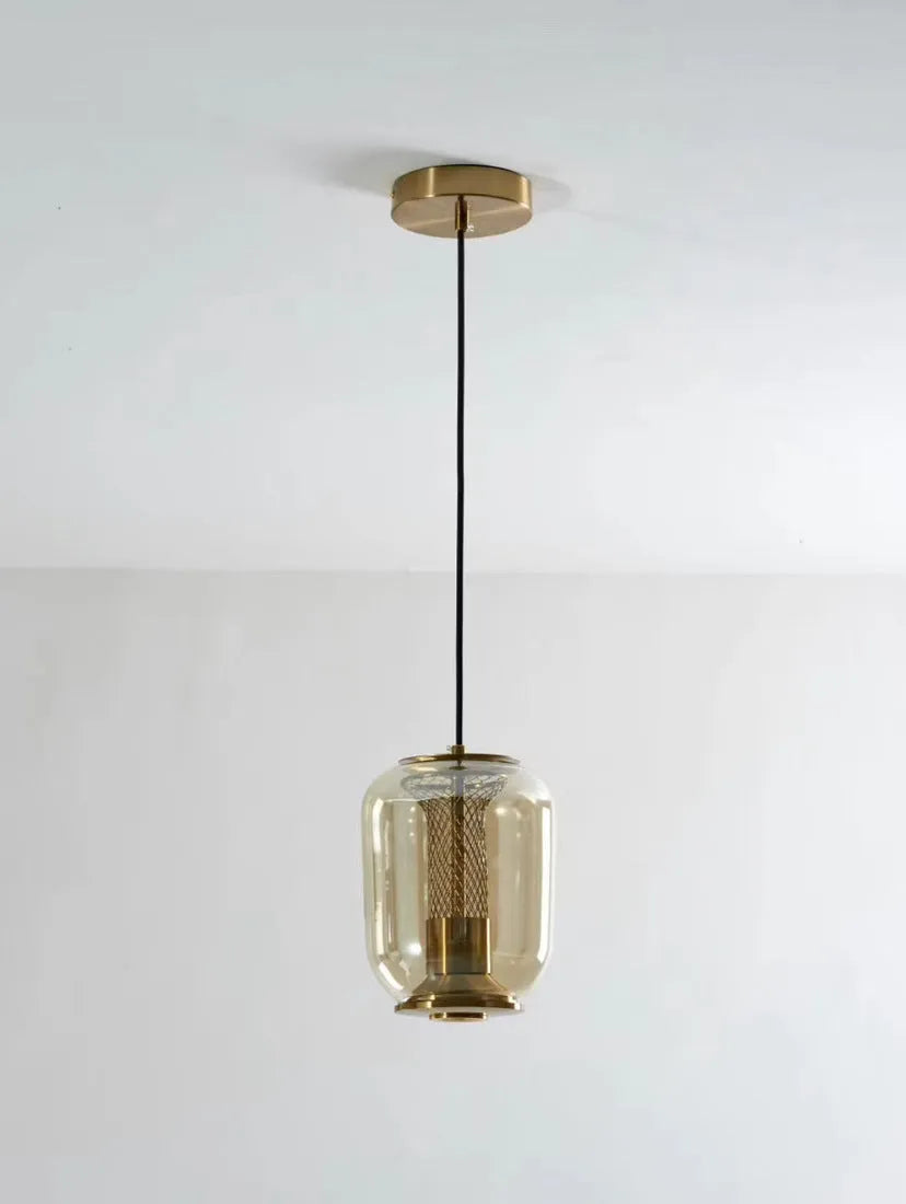 Minimalist Nordic single-light pendant chandelier with glass shade in smoke grey, cognac, or clear colour.