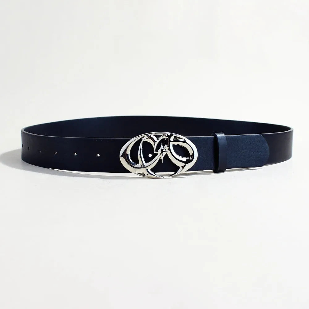 Men's casual silver buckle belt with PU leather strap shown fastened