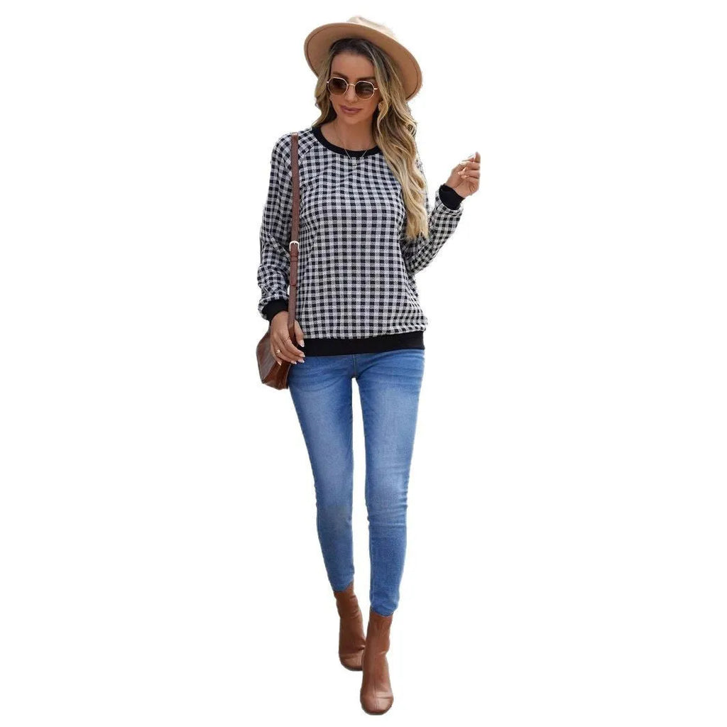 Black Japanese sweet plaid pullover long sleeve sweater with striped pattern on polyester fabric