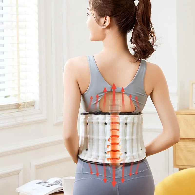 Lumbar waist supporter with automatic inflation for disc stretch correction, showing PU construction and UK power plug
