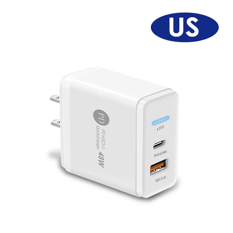 PD48W fast charging travel charger with GaN technology showing black and white options for US, UK, EU socket types
