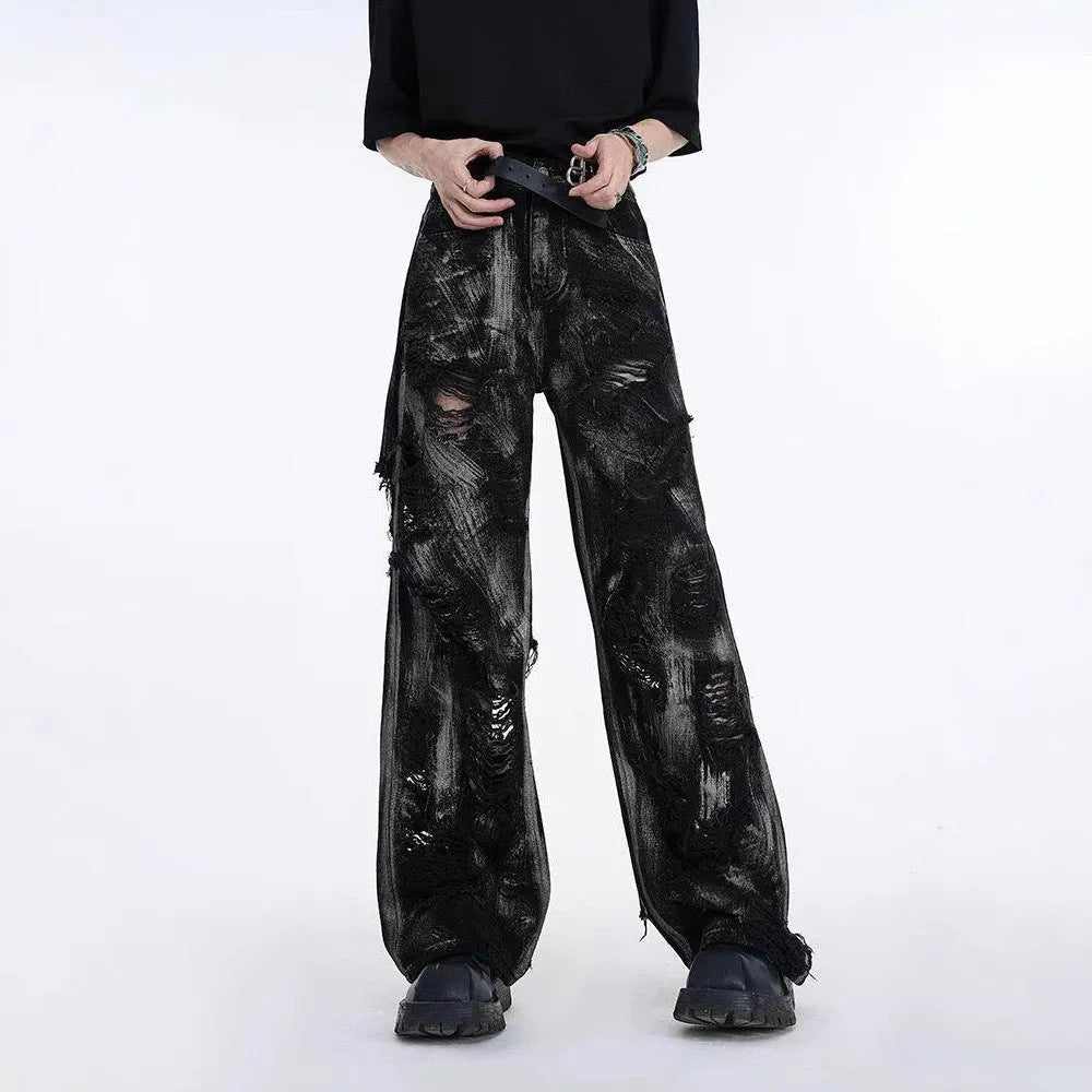 Men's heavyweight washed denim long pants jacket in streetwear style with micro elasticity fabric
