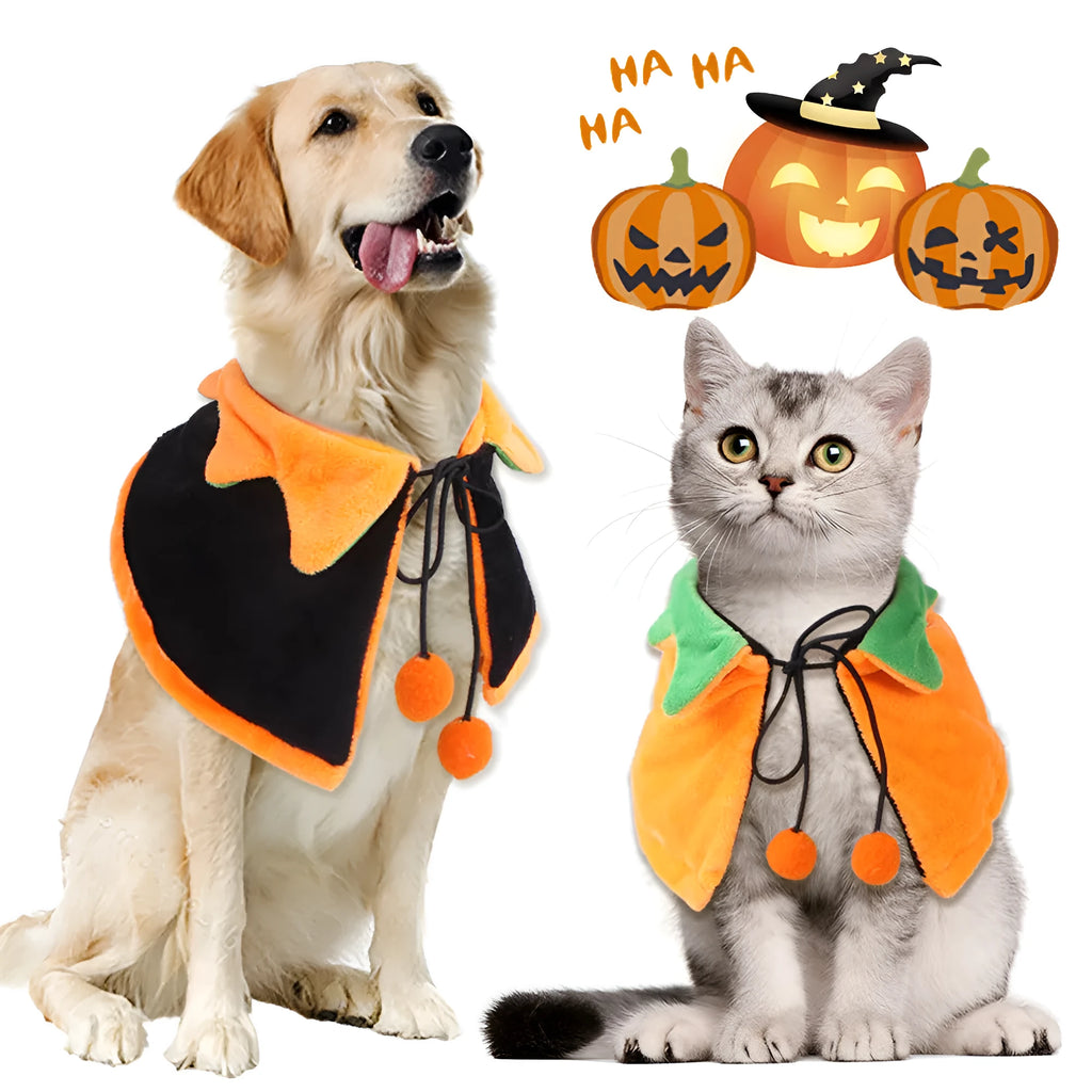 Reversible pet Halloween cloak for dogs and cats in plush fabric with pumpkin patterns