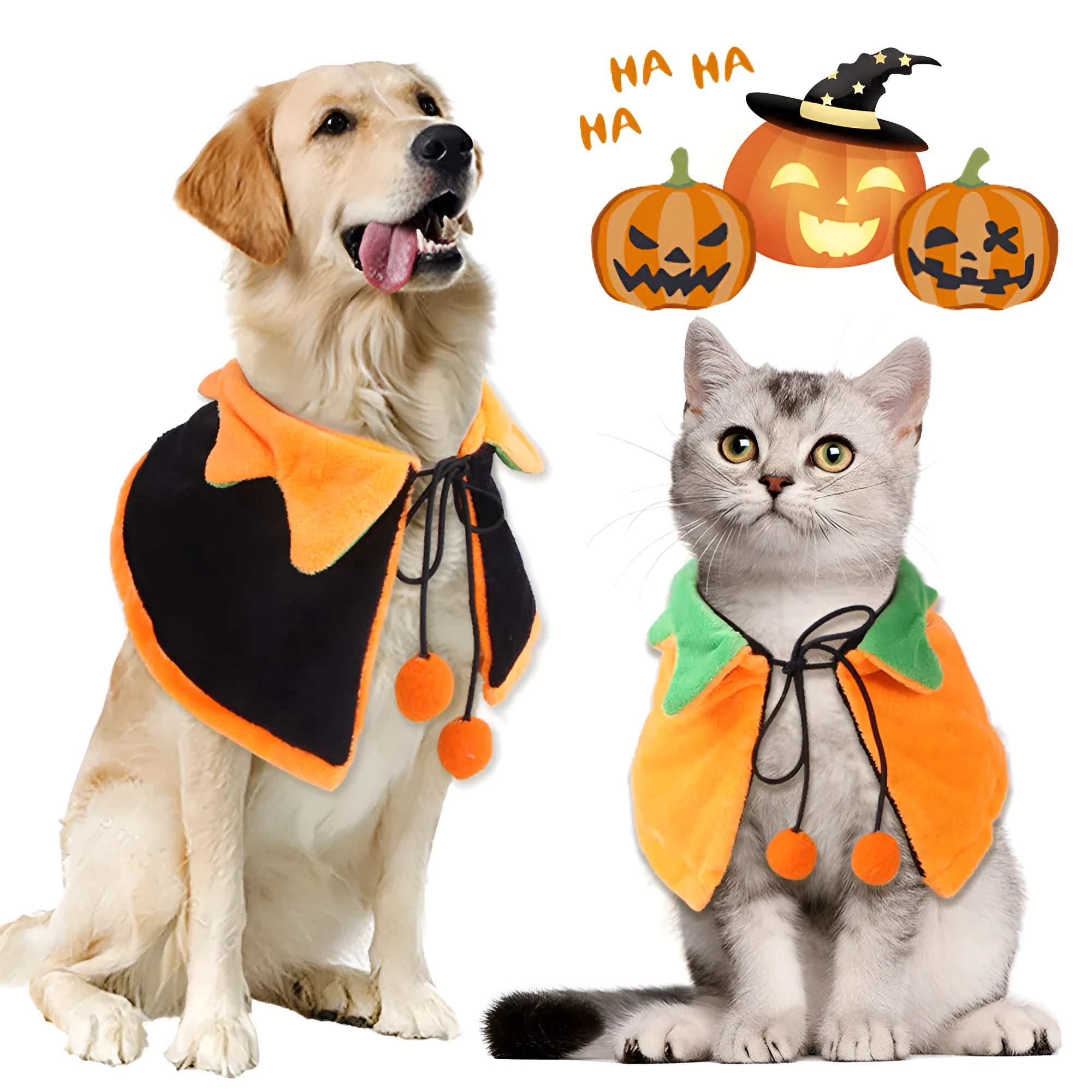 Reversible pet Halloween cloak for dogs and cats in plush fabric with pumpkin patterns