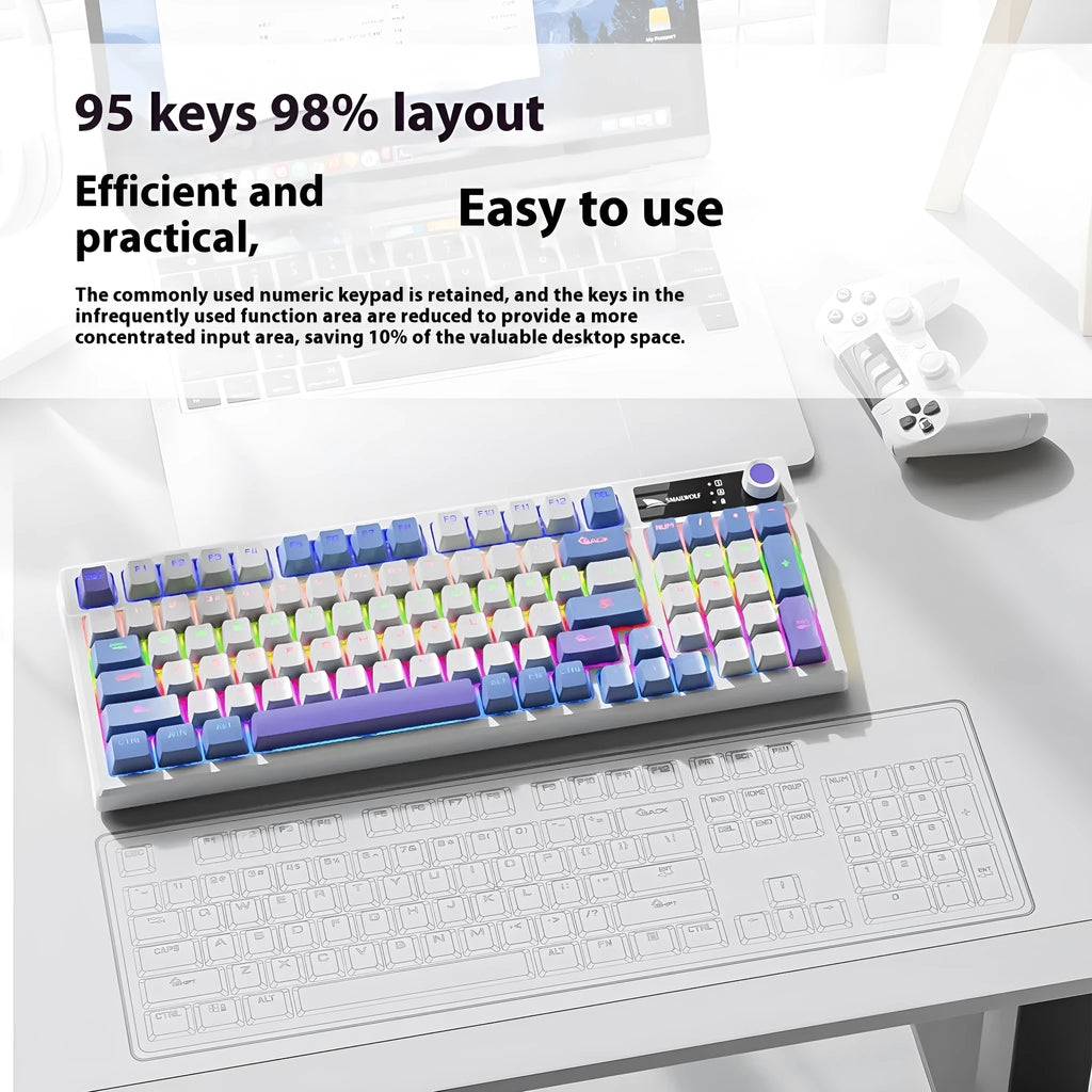 SK15 wired mechanical gaming keyboard with control knob in Autumn Water Blue colour on desk beside laptop