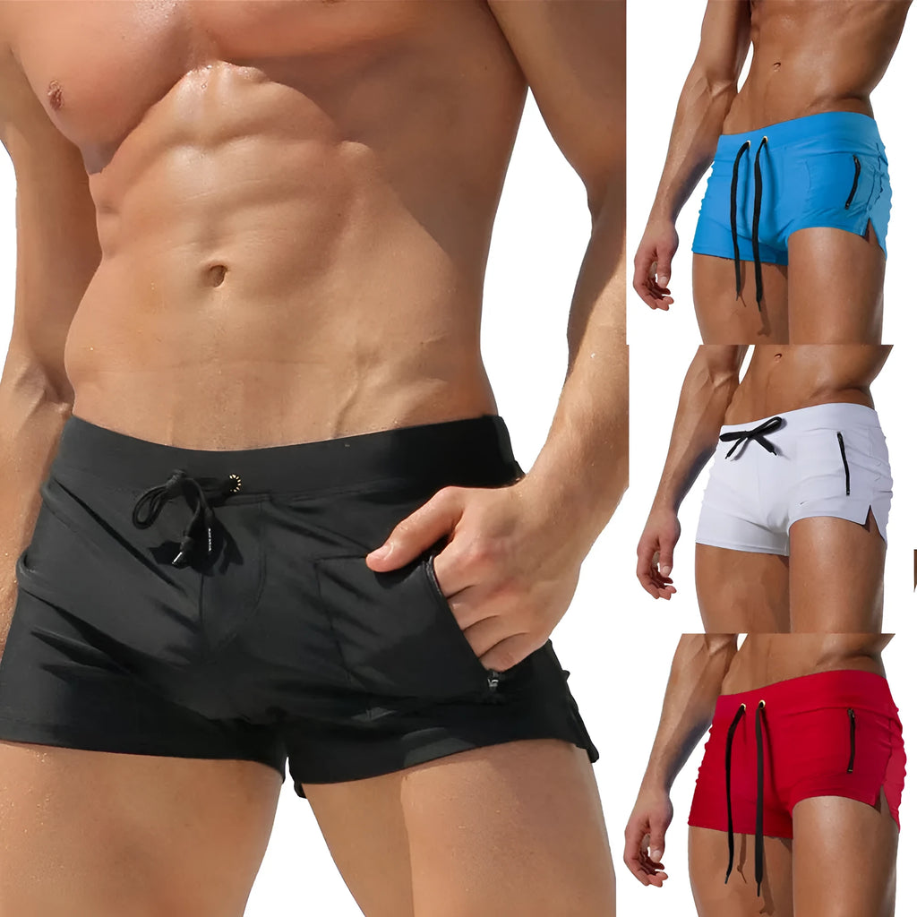 Men's black polyester swimming trunks with a high waist and lace-up front, shown in a briefs style.