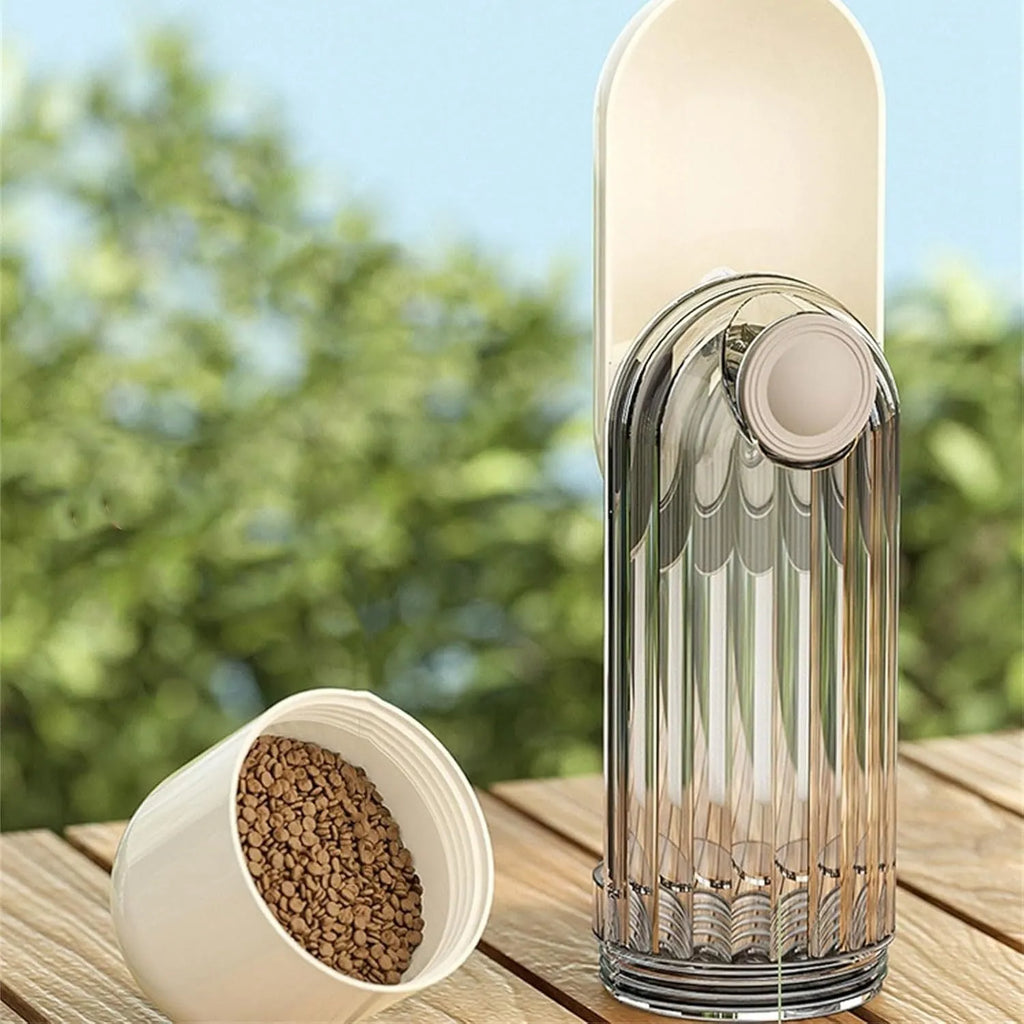 Foldable dog water bottle with food container for walking and hiking with pets