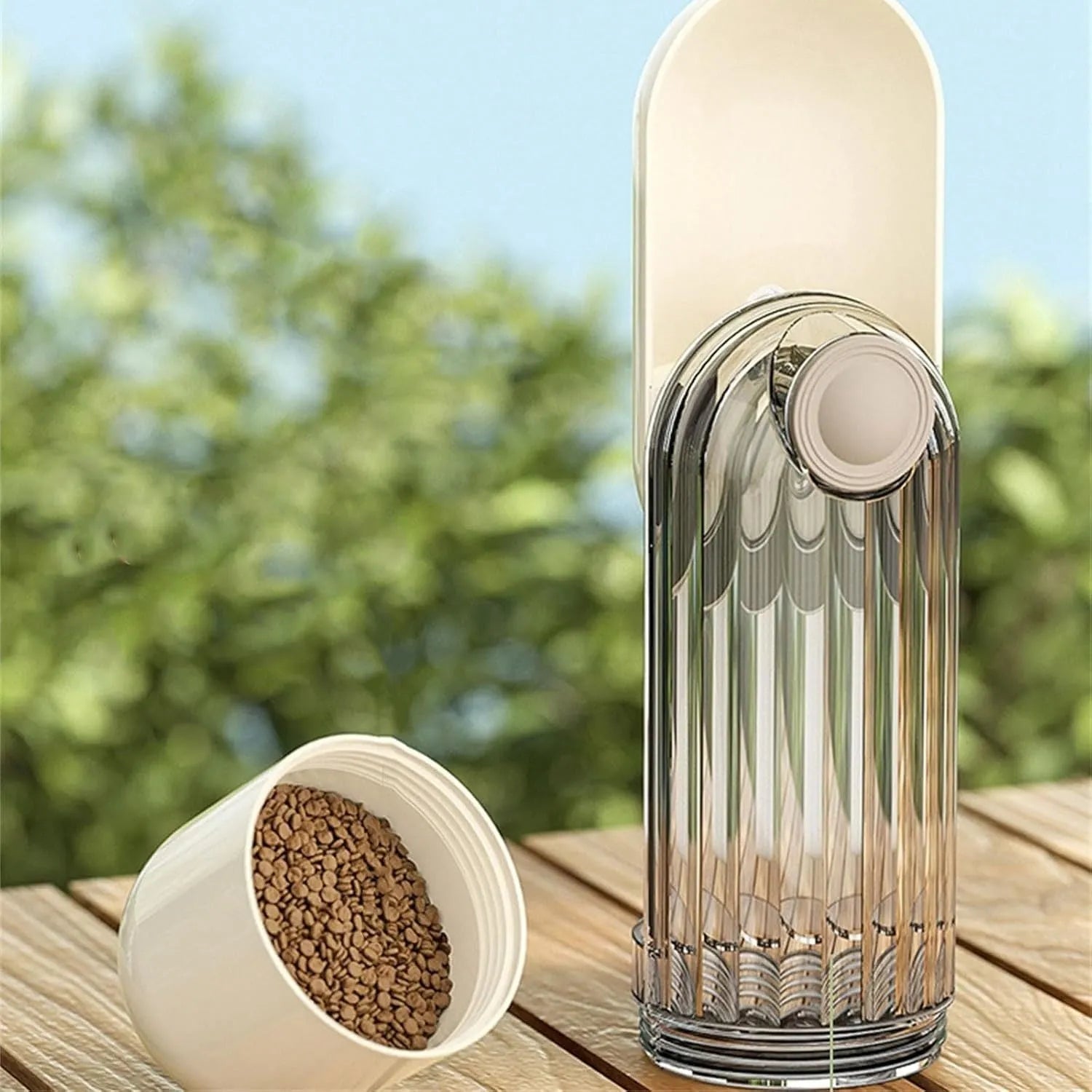 Foldable dog water bottle with food container for walking and hiking with pets