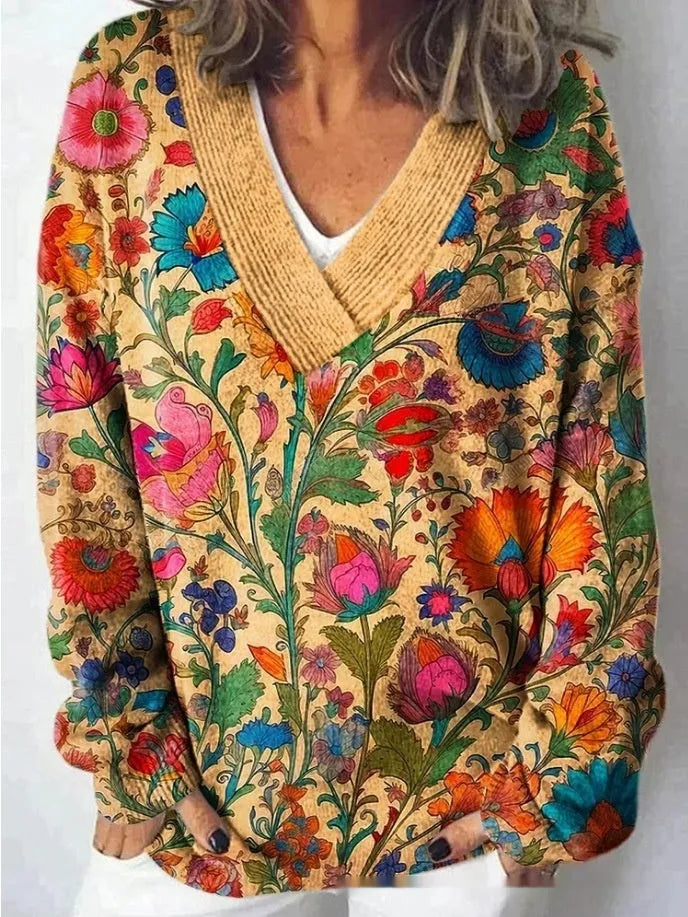 Women's grey 3D floral print sweatshirt with V-neck and long sleeves on a hanger