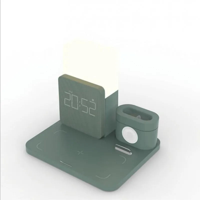 3-in-1 multi-function Qi wireless charging stand in dark green, light green, or black colour options.