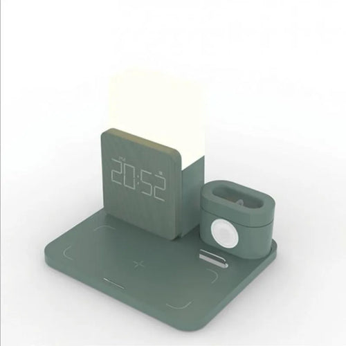 3-in-1 multi-function Qi wireless charging stand in dark green, light green, or black colour options.